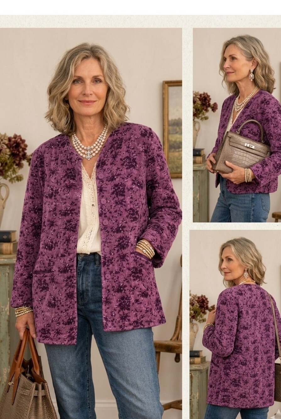 April Cornell Purple Quilted Floral Jacket Size Large